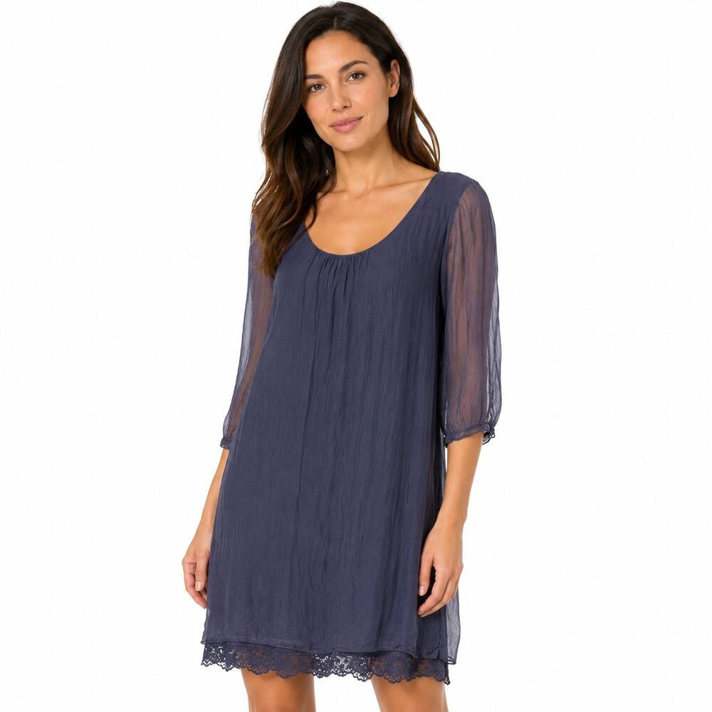 Prontomoda Giusy Italy Silk Layered Tunic Dress M Blue Lace Hem M
